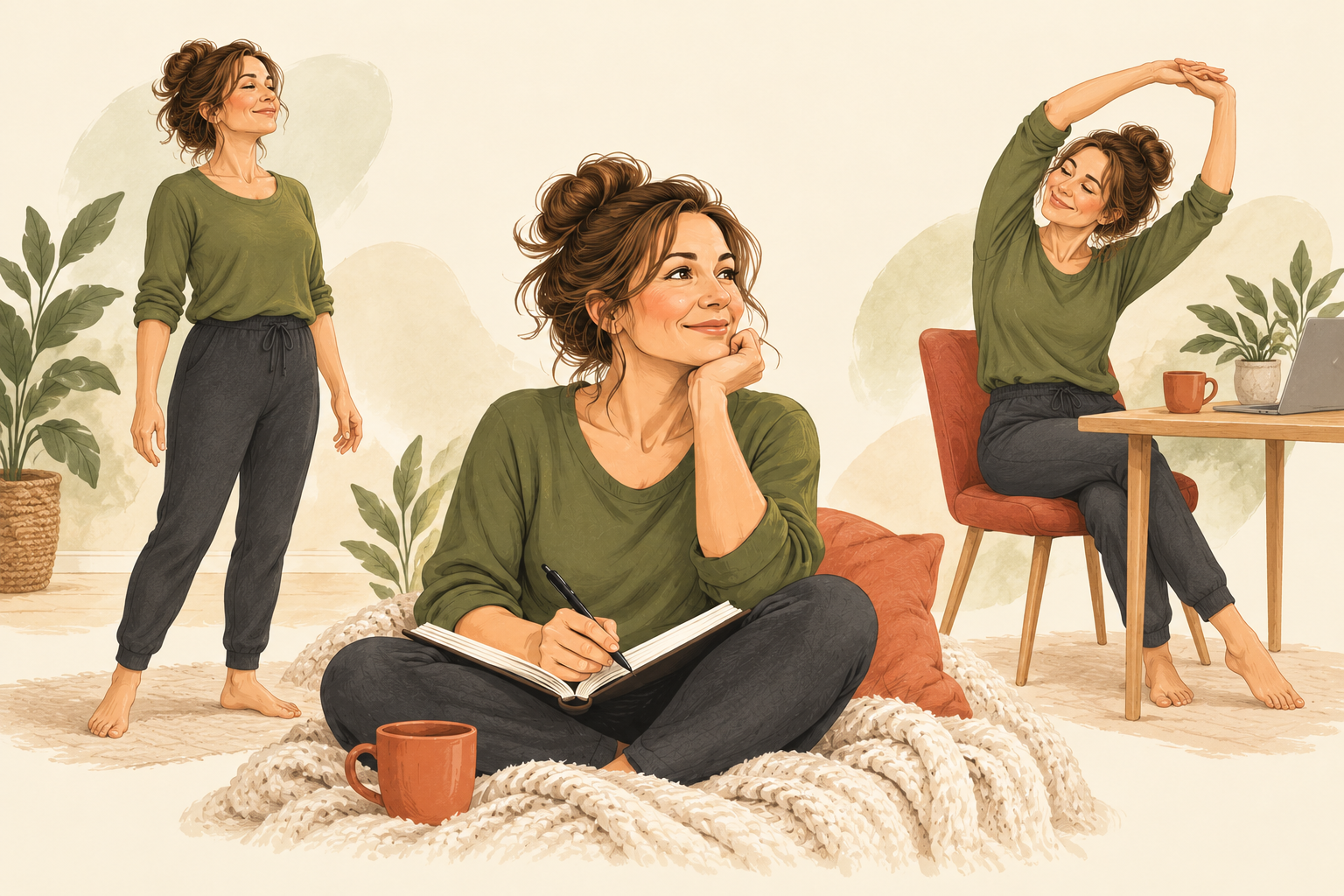 Warm illustrations of a woman noticing her posture, reflecting in a journal, and taking a movement break at her desk